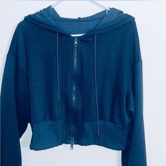 Blue Cropped Zip Up Hoodie - Picture 5 of 8